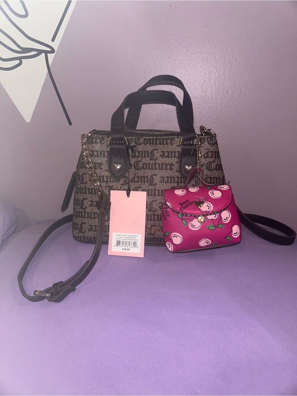 Juicy Couture Brown Logo Satchel with Pink Cherry Coin Pouch